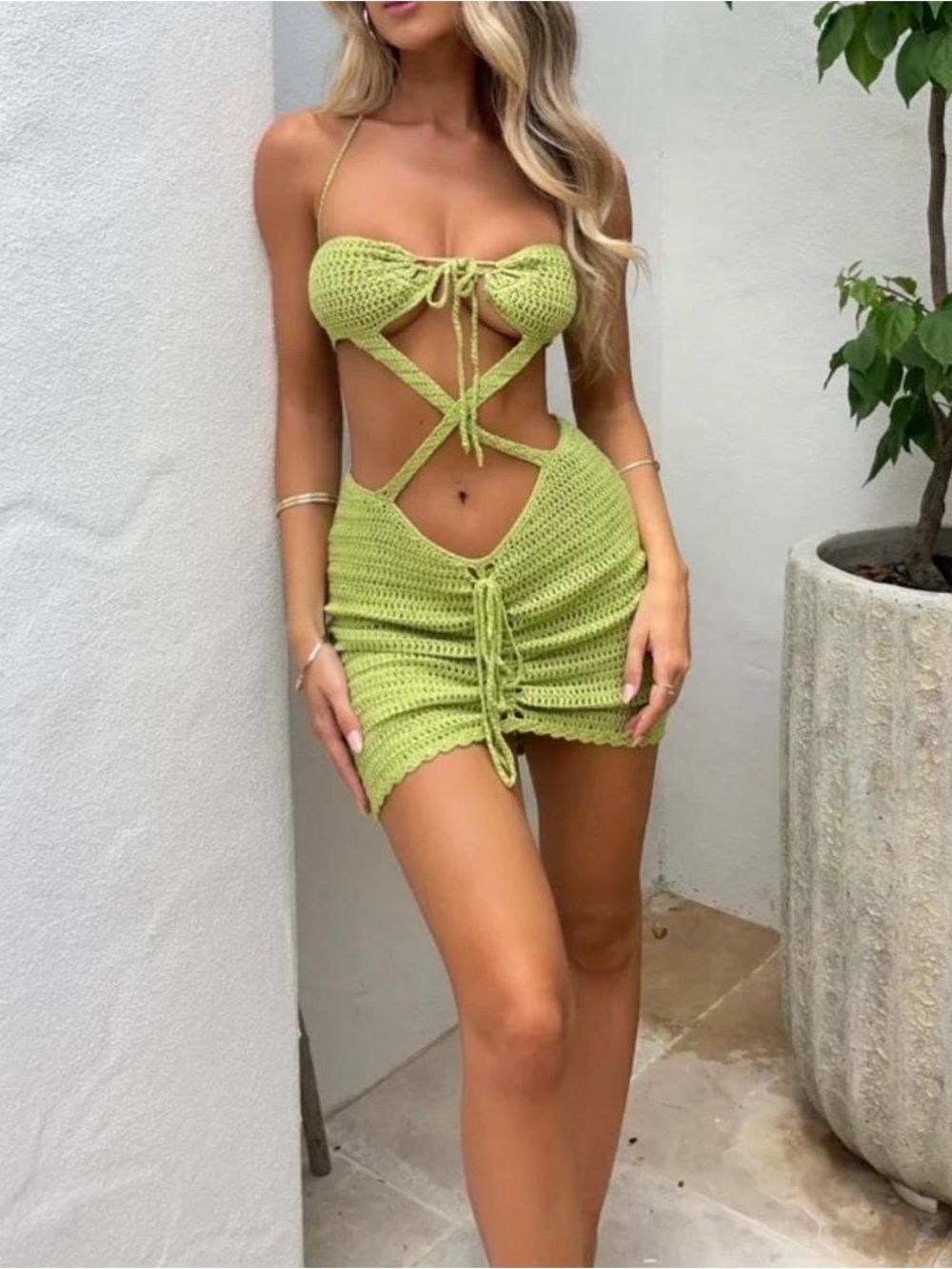Cutout Crochet Mini Dress in Lime Green